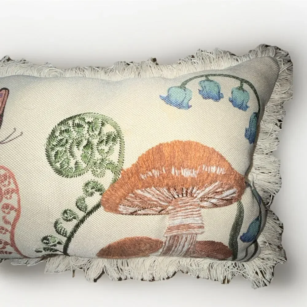 Whimsical Ivory Embroidered Mushroom Butterfly Lumbar Pillow 35x9”